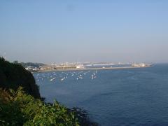 Aerial view of Rade de Brest harbor with ships and coastline