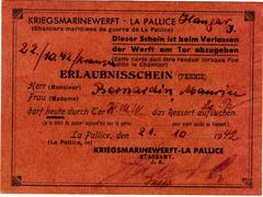 Daily access permit to La Pallice war shipyards issued during World War II