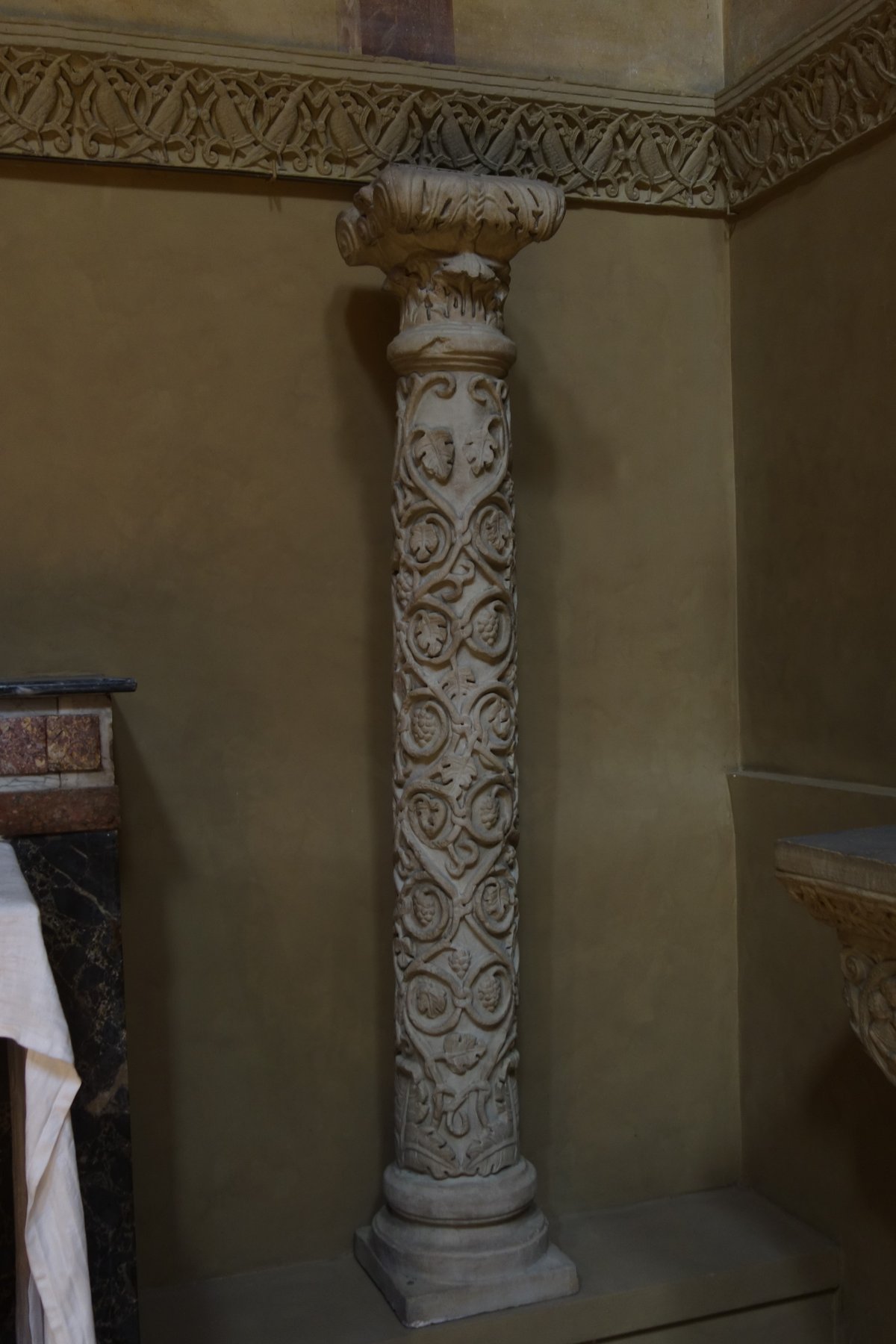 Decorative column with grapevine motif inside Basilique de la Daurade, Toulouse