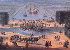 17th century engraving of Le Bassin d'Apollon in the park of Château de Versailles, France
