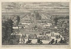 Engraving of the Fountain of Apollo showcasing detailed classical sculptures and water features
