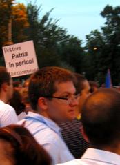 Romanian politician Mihail Neamţu speaking at a rally in Victoriei Square against President Băsescu's impeachment