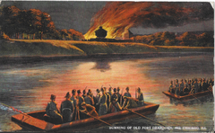Postcard illustration showing the burning of Fort Dearborn in Chicago in 1812