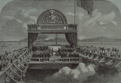 Prince of Wales laying the last stone of Victoria Bridge over St. Lawrence River in Montreal, Canada
