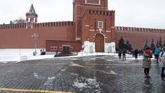 Moscow Kremlin Wall in February 2019 with snow-covered ground and clear sky