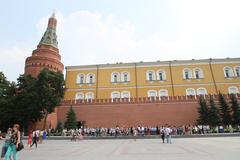 summer cityscape of Moscow with trees and buildings under clear sky