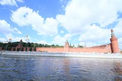 August 2016 view of Moscow skyline with iconic buildings and clear blue sky