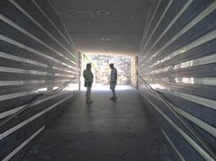 Passageway underneath the Irish Hunger Memorial in Battery Park City, Manhattan, New York City, view looking east