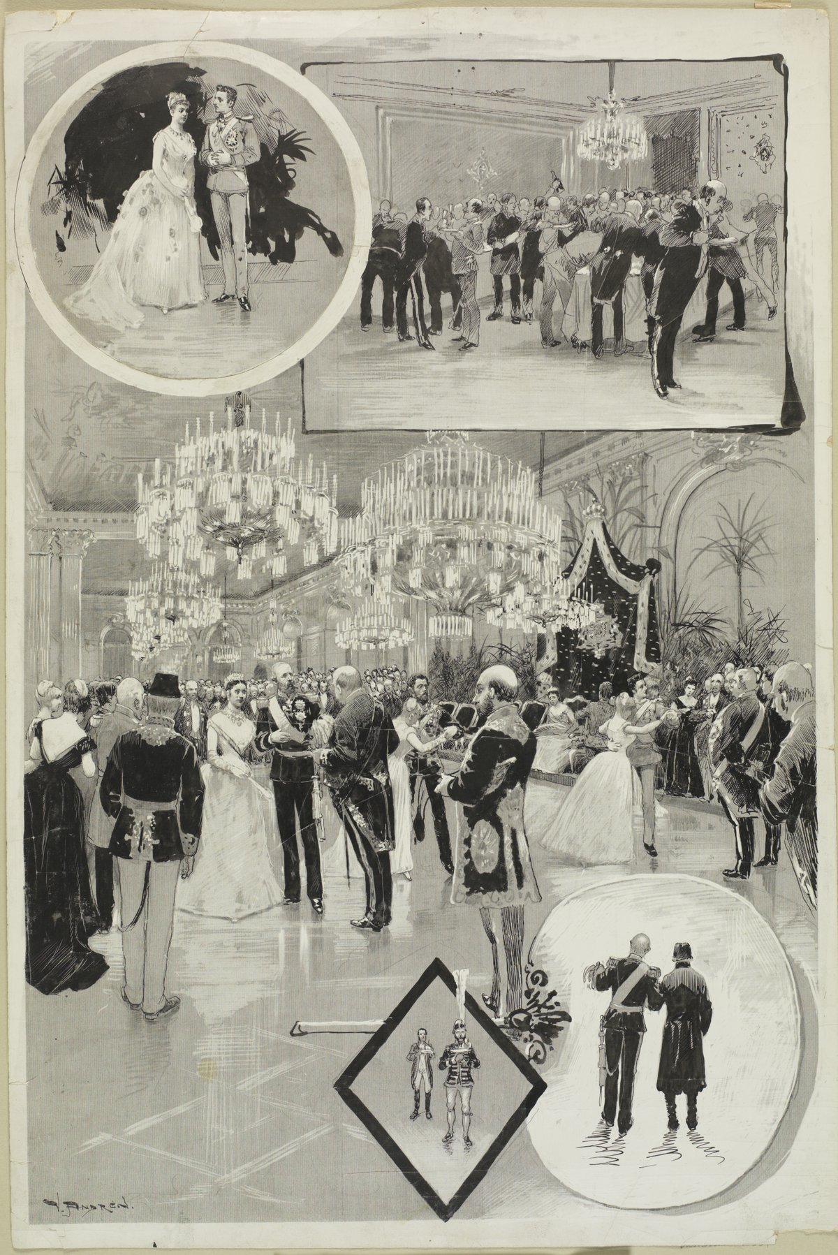 Sketch of the ball at Stockholm Palace on January 21, 1886, featuring a couple in formal attire, men at a buffet table, the royal couple conversing with a guest, two servers carrying plates, and the king seen from behind with another man