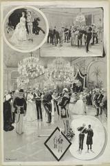 Sketch of the ball at Stockholm Palace on January 21, 1886, featuring a couple in formal attire, men at a buffet table, the royal couple conversing with a guest, two servers carrying plates, and the king seen from behind with another man