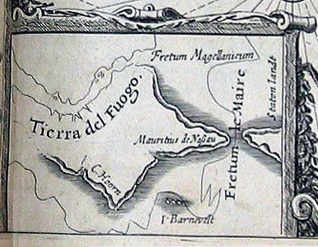 Historical map detailing the Le Maire Strait between Tierra del Fuego and Staten Land, showcasing the route of Dutch navigators Jacob Le Maire and Willem Schouten from their 1615-1617 voyage discoveri