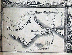 Historical map detailing the Le Maire Strait between Tierra del Fuego and Staten Land, showcasing the route of Dutch navigators Jacob Le Maire and Willem Schouten from their 1615-1617 voyage discovering Cape Horn
