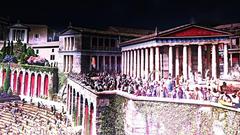 Ancient city of Pergamon in 129 AD showing the Acropolis with its historic buildings and structures