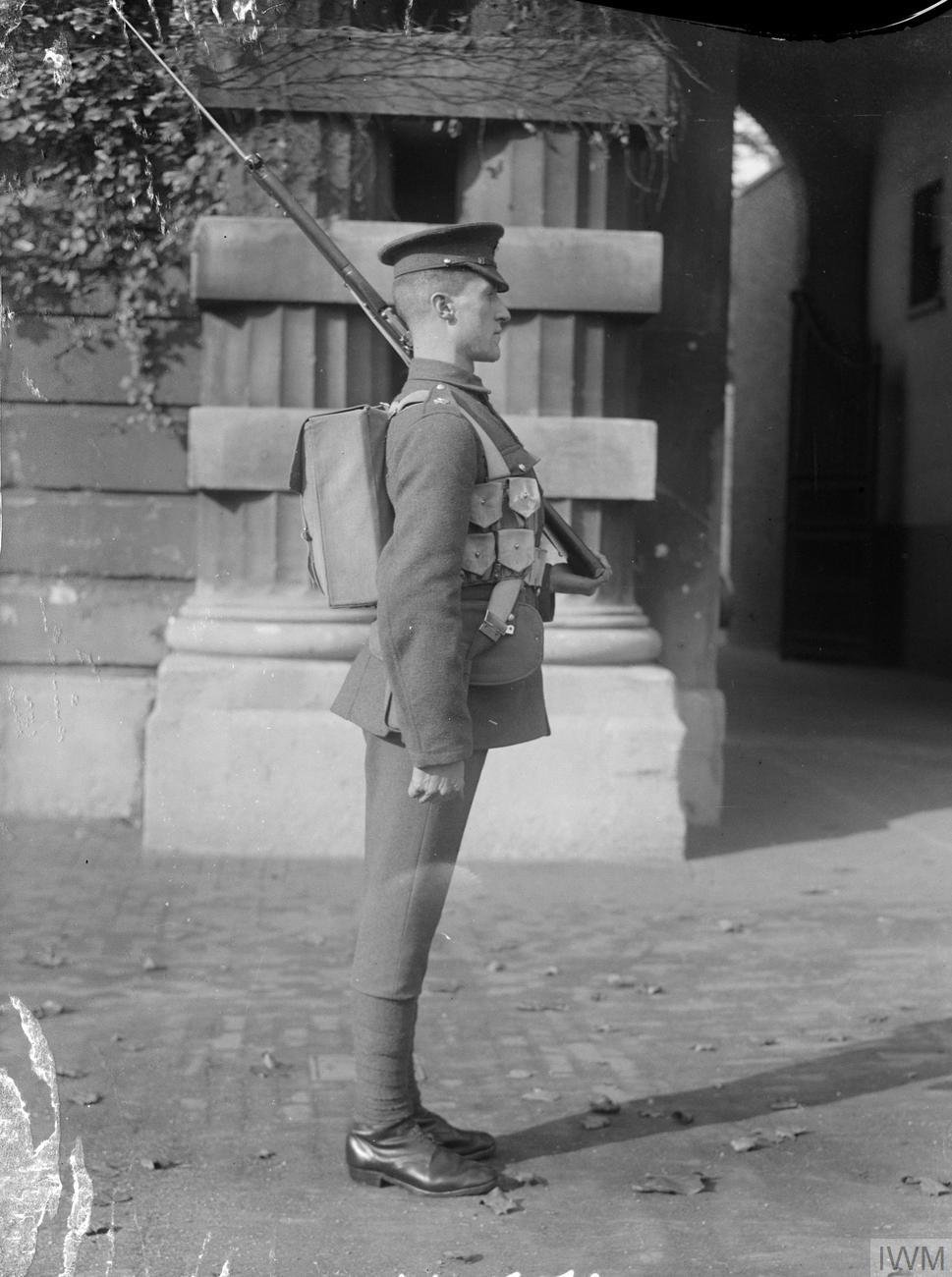 Private of the Scots Guards in full marching order during World War I