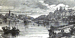 Rendering of Boathouse Row in Philadelphia from the 1870s showing historic boathouses along the river