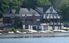 Historic Crescent Boat Club and Pennsylvania Barge Club boathouses on Boathouse Row in Philadelphia