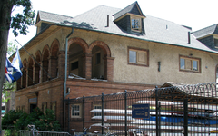 Bachelors Barge Club boathouse with Drexel Crew sign at 6 Boathouse Row