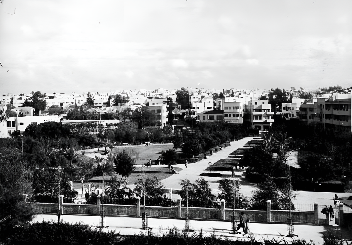 Gan Meir park in Tel Aviv with cityscape in the background