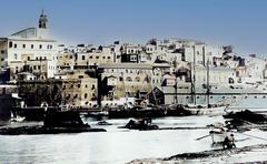 Historic view of Jaffa Port in 1899 with ships and waterfront buildings
