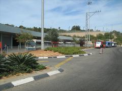 University bus terminal with multiple buses and passengers