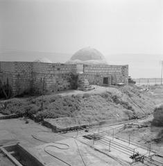 Historic bathhouse with domed roofs beside hot springs on the shore of the Sea of Tiberias in Tiberias, Israel
