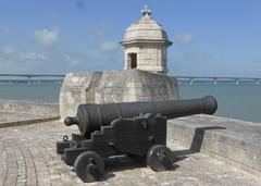 Platform of Fort Louvois with cannon and watchtower on rocky coastal location in Bourcefranc