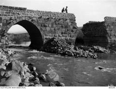 Two Australian soldiers on the Bnot Yaakov Bridge after its capture in 1918