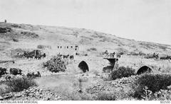Australian soldiers of the Desert Mounted Corps crossing the restored Gesher Bnot Yaakov bridge in 1918