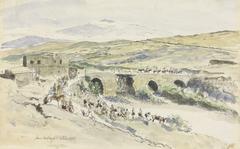 Indian Lancers allowing horses to drink on riverbank near arched stone bridge