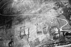 Aerial view of the British police station at Gesher Benot Ya'akov in 1948 with river visible at bottom left
