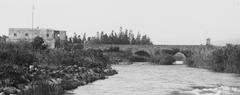 Gesher Bnot Yaakov bridge near Jisr Benat Yacoub in the Jordan Valley north of Lake Galilee, circa 1920 with repaired arch from 1918 Turkish explosion