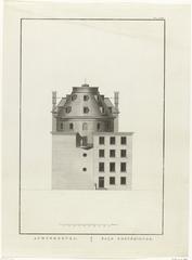 Architectural etching of the rear facade of Felix Meritis building in Amsterdam, designed by Jacob Otten Huslij and inaugurated in 1788
