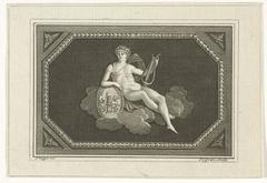 Engraving of Apollo seated on clouds with a laurel wreath, holding a lyre and resting his arm on a shield inscribed Felix Meritis