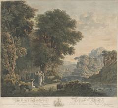 Arcadian landscape with dancing pastoral figures, a boy embracing a woman playing a triangle, shepherdesses dancing in the woods, a bridge over a river and a temple against mountains, sunlight illuminating from the right