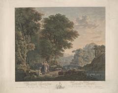 Arcadian landscape with dancing figures, including a boy embracing a woman playing a triangle in a sunlit pastoral setting with shepherdesses dancing and a temple near high mountains and river.