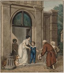 Begging couple at the entrance of a monumental building with a woman, two children, and a dog in the doorway