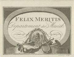 Oval cartouche featuring the inscription 'Felix Meritis' surrounded by various musical instruments with a central medallion depicting a beehive