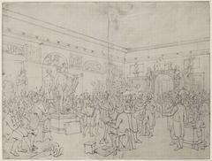 Interior view of the plaster hall and sculpture gallery of Felix Meritis society at Keizersgracht 324 in Amsterdam, based on the 1822 painting by Adriaan de Lelie, showing portraits of society members