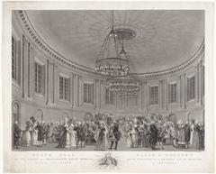 Interior of Felix Meritis Concert Hall, Amsterdam, 1791, with visitors in conversation and orchestra preparing on stage, historical etching