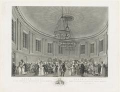 Concert hall interior of Felix Meritis in Amsterdam, 1791, showing visitors conversing and orchestra preparing on stage
