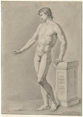Black and white chalk drawing of a standing male nude figure beside a small pillar with inscription by Jan Swart, November 24, 1789