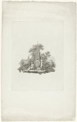 Allegorical illustration depicting the founding of Felix Meritis society in Amsterdam, 1777, with two allegorical female figures beside an obelisk with Felix Meritis emblem, Amsterdam city hall and radiant temple in background