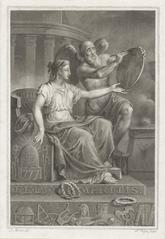 Allegory of the fiftieth anniversary of Felix Meritis, 1827 engraving showing a seated female personification holding an oval plaque described by Father Time with wings and scythe