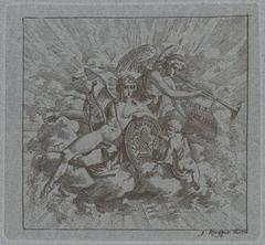 Allegorical composition on Felix Meritis featuring winged Fame blowing a trumpet and Apollo seated on clouds with a putto holding a trumpet