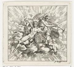 Allegorical composition on Felix Meritis featuring winged Fame blowing a trumpet and Apollo seated on clouds with a putto holding a horn