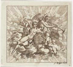 Allegorical composition on Felix Meritis featuring winged Fame blowing a trumpet and Apollo seated on clouds