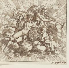 Allegorical composition on Felix Meritis featuring the winged Fame blowing a trumpet and Apollo seated on clouds with putto holding Felix Meritis trumpet