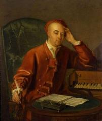 Portrait of George Frideric Handel composing beside a one manual harpsichord