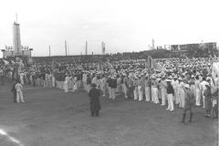 Delegations from 27 countries behind their flags during the opening ceremony of the 2nd Maccabiah Games in Tel Aviv