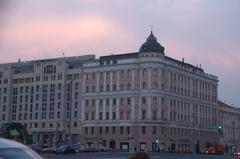 Old facade of Pushkinskaya Square corner building in Moscow on 25th of July 2016